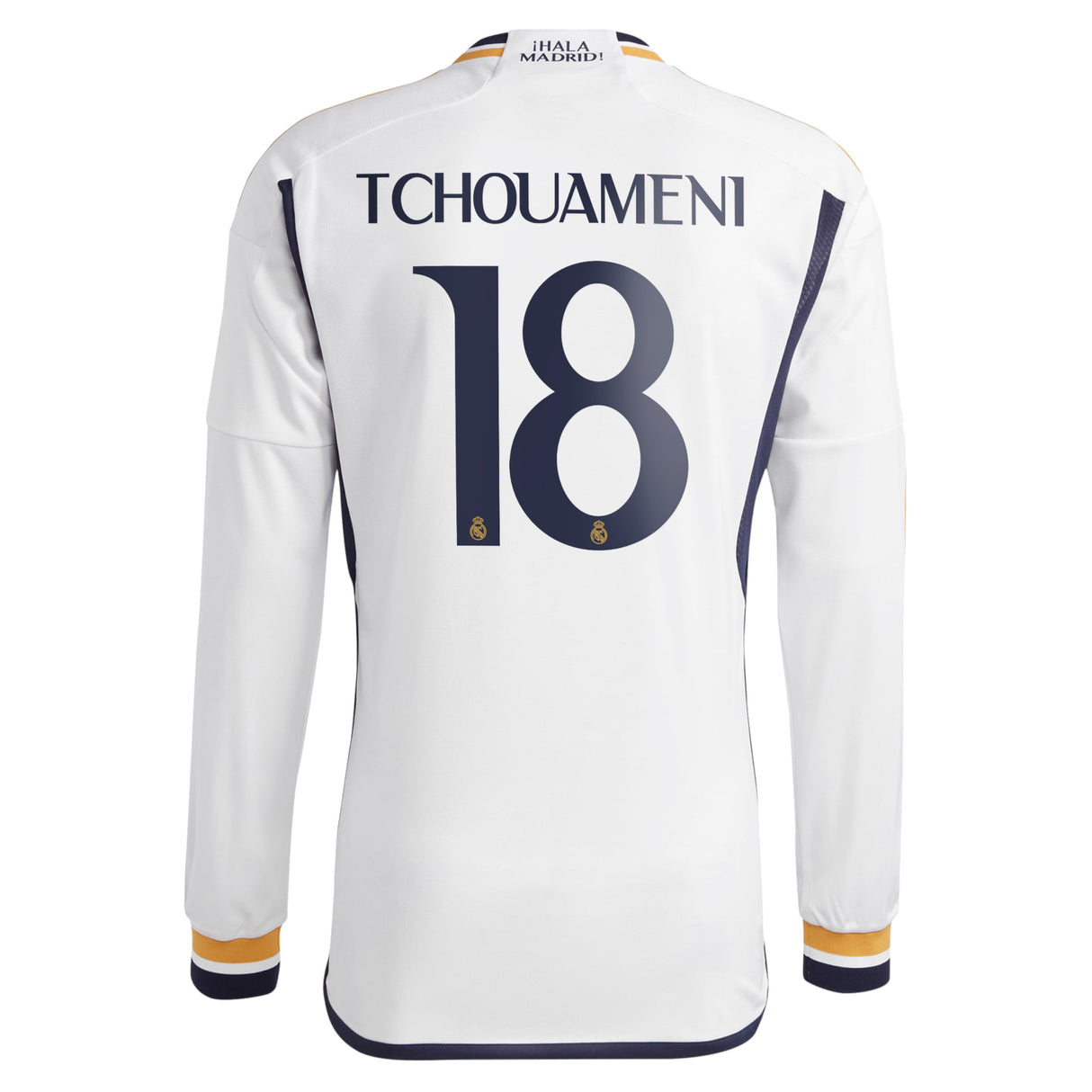 Real Madrid adidas Home Shirt 2023-24 - Long Sleeve with Tchouaméni 18 printing - Kit Captain