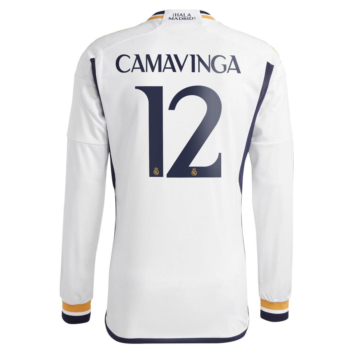 Real Madrid adidas Home Shirt 2023-24 - Long Sleeve with Camavinga 12 printing - Kit Captain