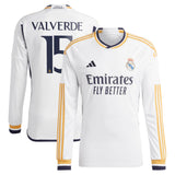 Real Madrid adidas Home Shirt 2023-24 - Long Sleeve with Valverde 15 printing - Kit Captain