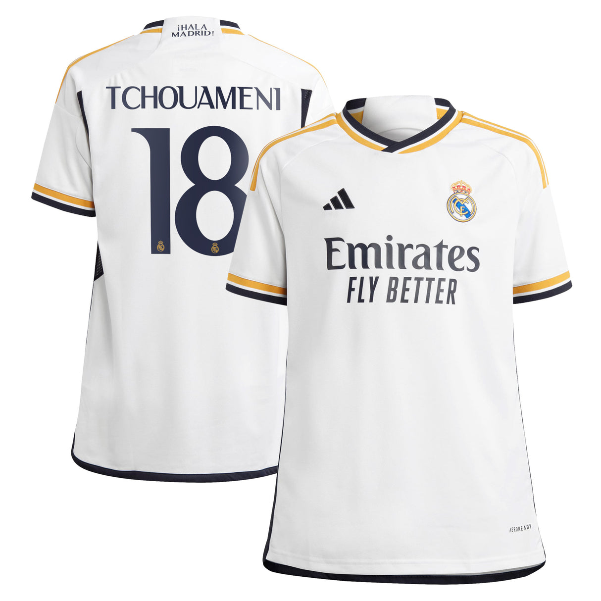 Real Madrid adidas Home Shirt 2023-24 - Kids with Tchouaméni 18 printing - Kit Captain