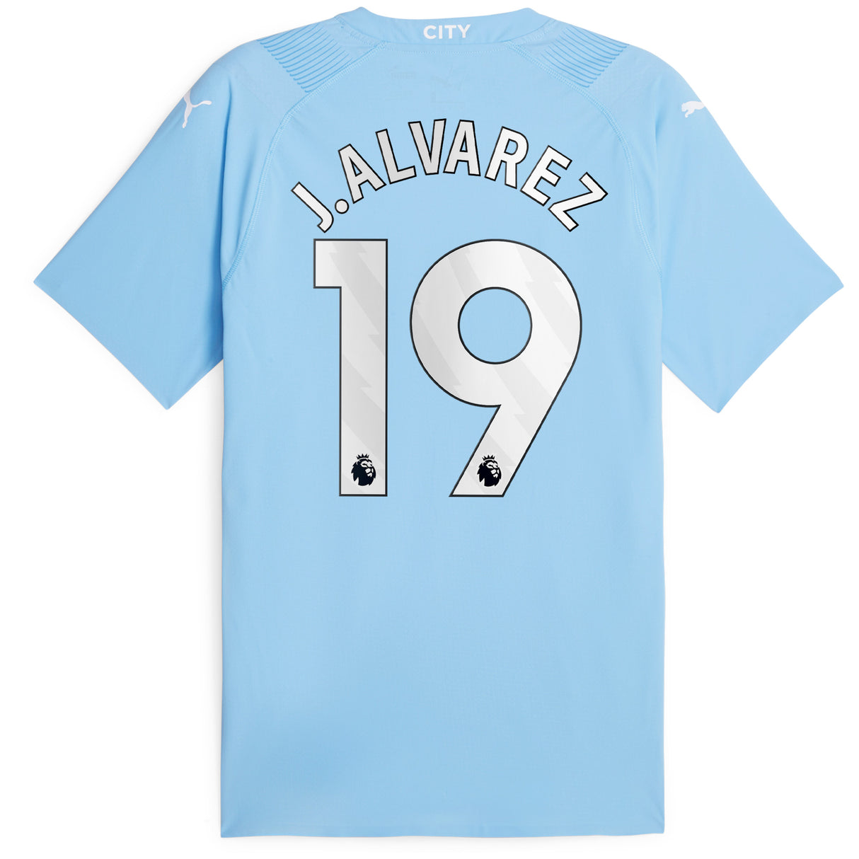 Manchester City Puma Home Authentic Shirt 2023-24 with J.Alvarez 19 printing - Kit Captain