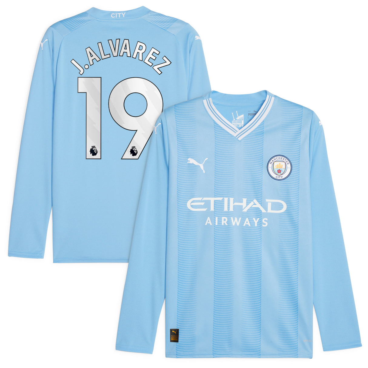 Manchester City Puma Home Shirt 2023-24 - Long Sleeve with J.Alvarez 19 printing - Kit Captain