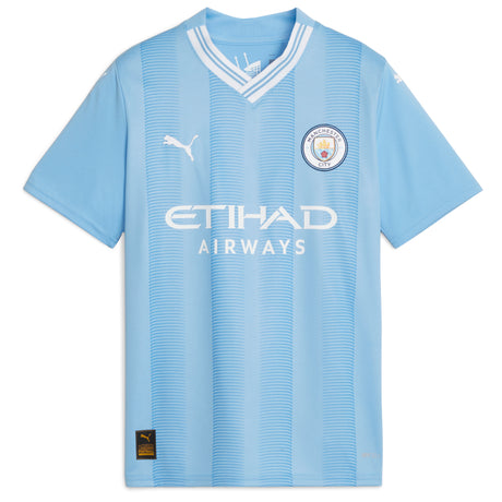 Manchester City Puma Home Shirt 2023-24 - Kids with J.Alvarez 19 printing - Kit Captain