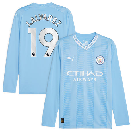 Manchester City Puma Home Shirt 2023-24 - Long Sleeve - Kids with J.Alvarez 19 printing - Kit Captain