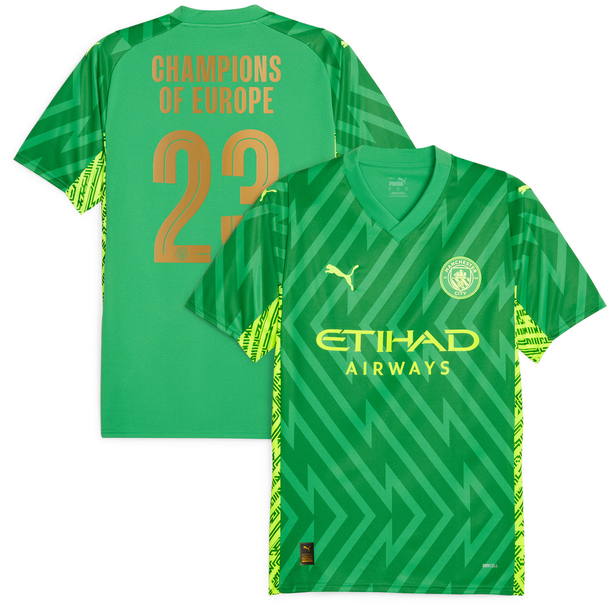 Manchester City Puma Goalkeeper Shirt 2023-24 with Champions of Europe 23 printing - Kit Captain