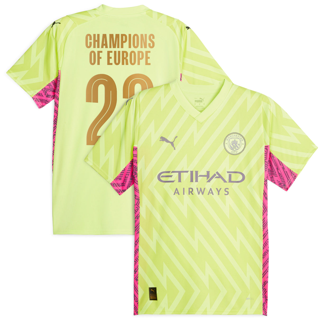 Manchester City Puma Goalkeeper Shirt 2023-24 with Champions of Europe 23 printing - Kit Captain