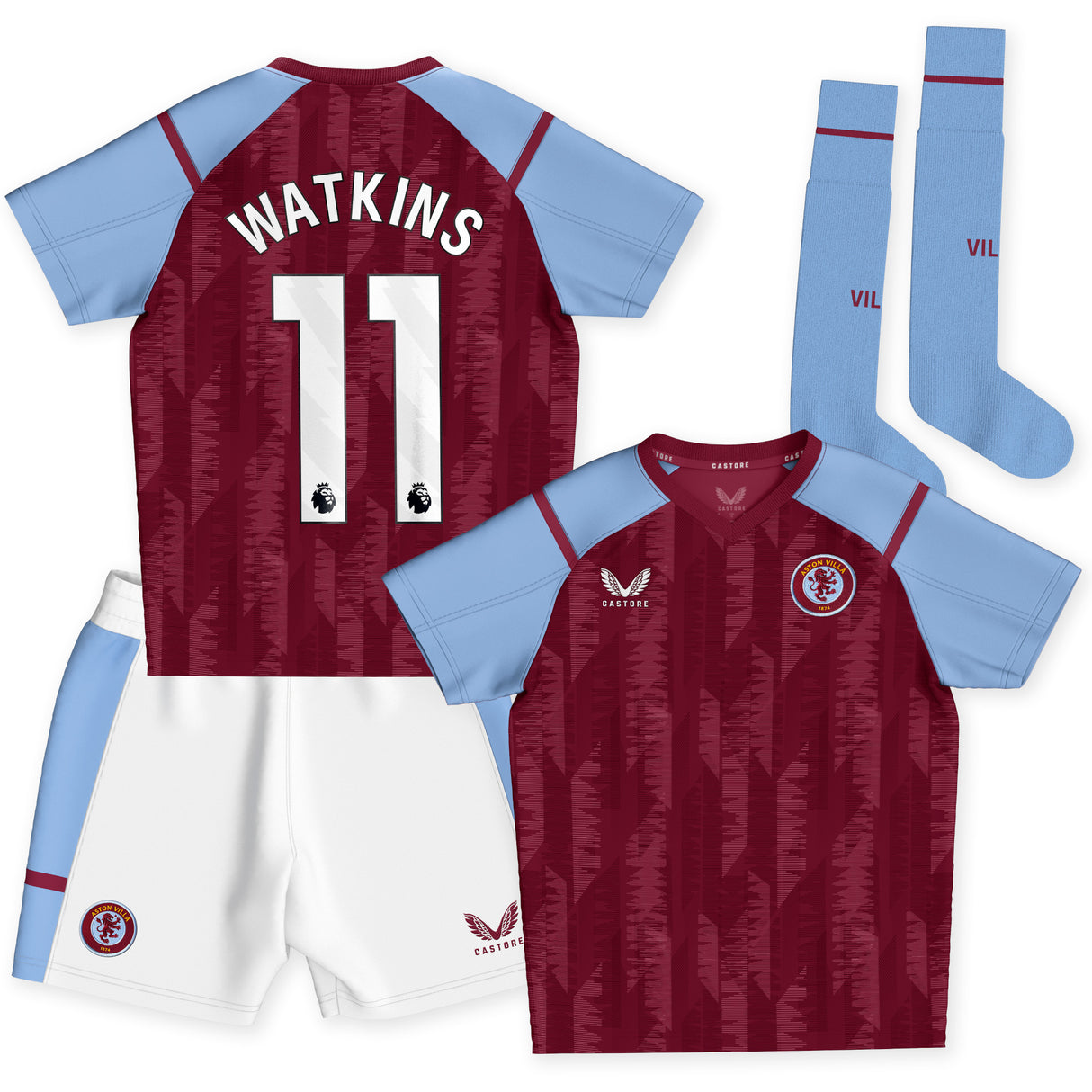 Aston Villa Castore Home Infant Kit 2023-24 with Watkins 11 printing - Kit Captain