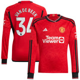 Manchester United EPL adidas Home Shirt 2023-24 - Long Sleeve with Van De Beek 34 printing - Kit Captain