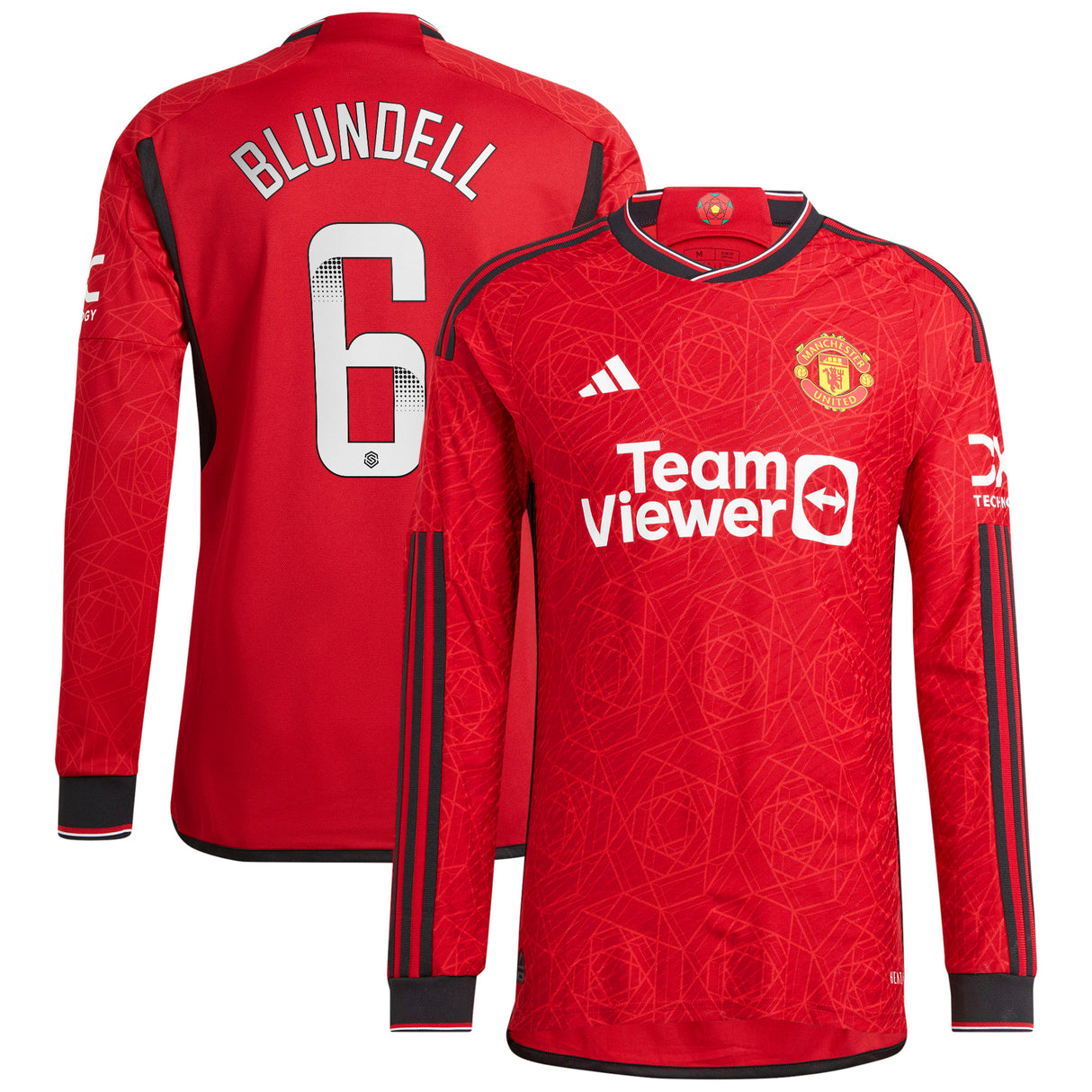 Manchester United WSL adidas Home Authentic Shirt 2023-24 - Long Sleeve with Blundell 6 printing - Kit Captain