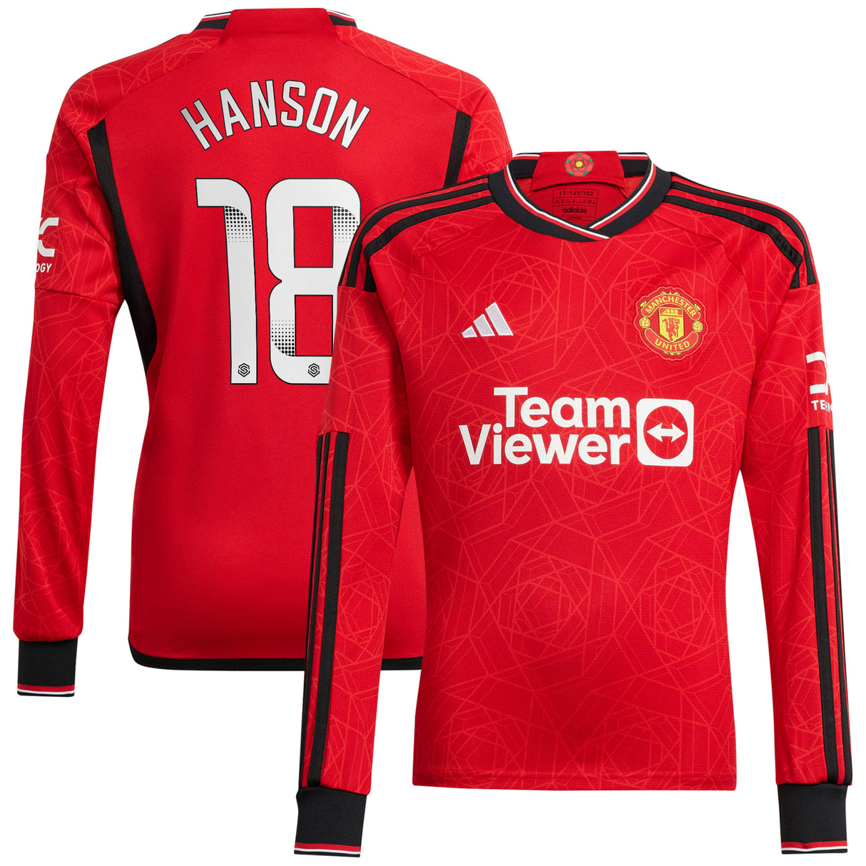 Manchester United WSL adidas Home Shirt 2023-24 - Kids - Long Sleeve with Hanson 18 printing - Kit Captain