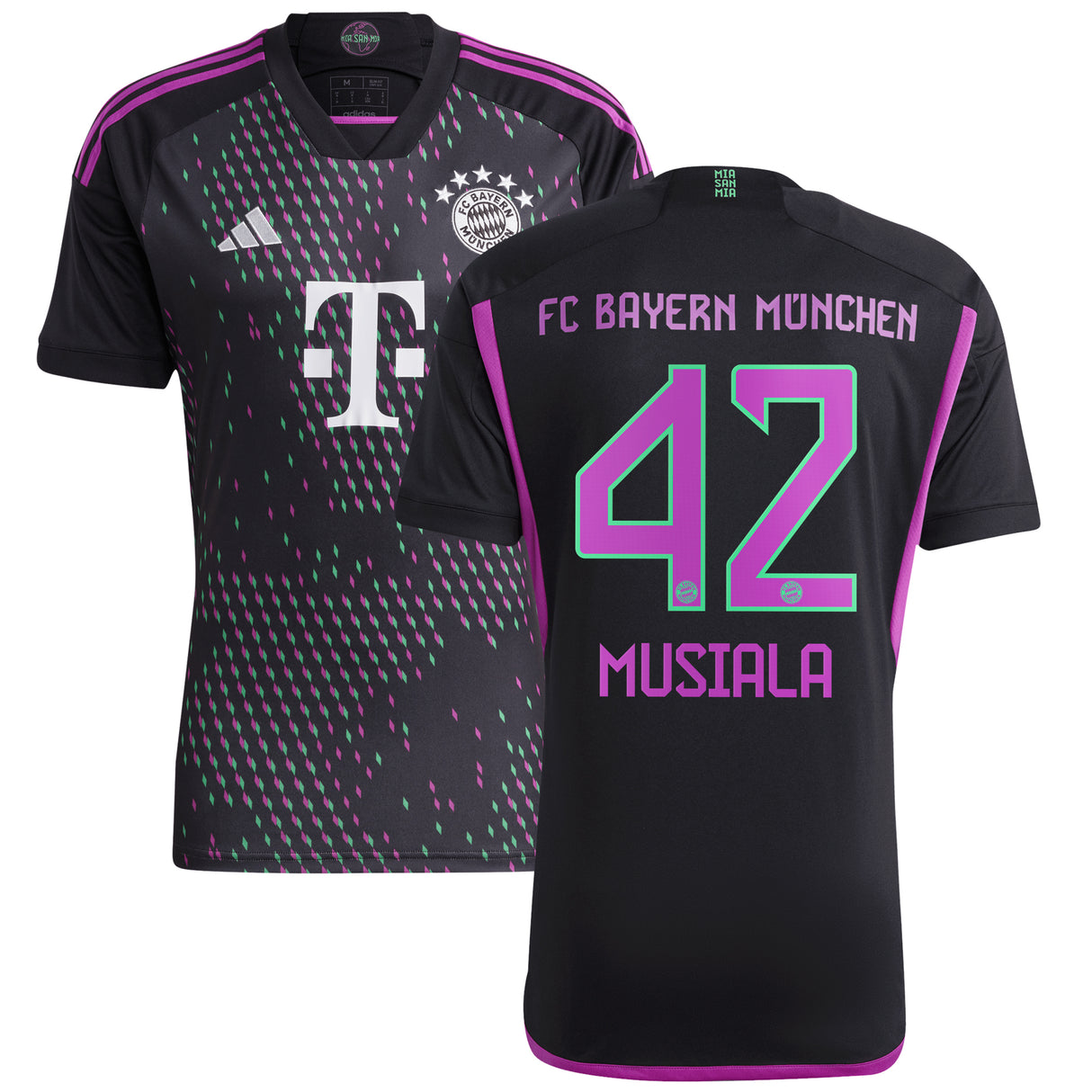 FC Bayern adidas Away Shirt 2023-24 with Musiala 42 printing - Kit Captain