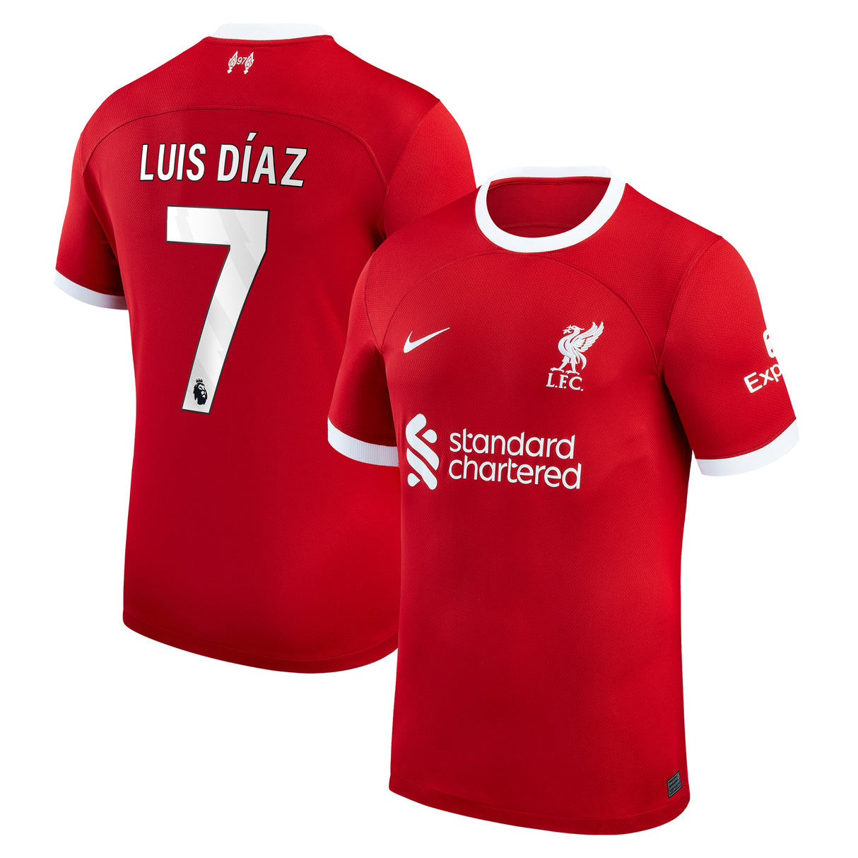 Liverpool Nike Home Stadium Shirt - 2023-24 - Kids with Luis Dí­az 7 printing - Kit Captain