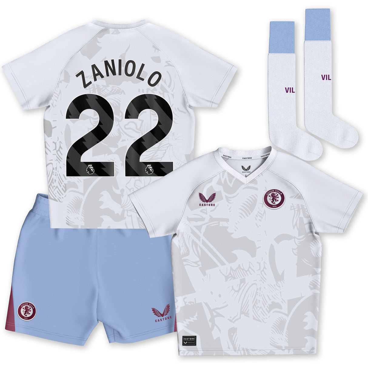 Aston Villa Castore Away Infant Kit 2023-24 with Zaniolo 22 printing - Kit Captain