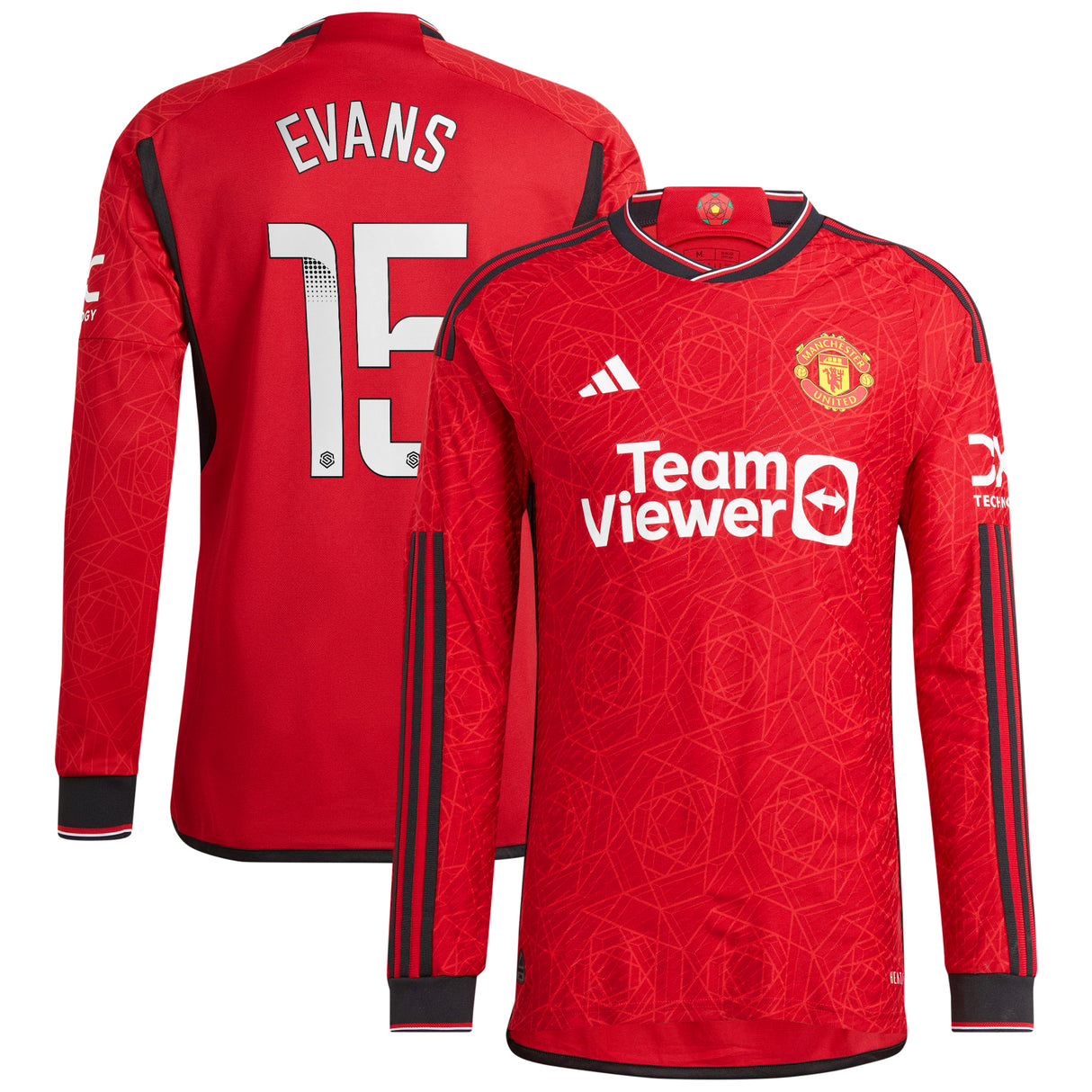 Manchester United WSL adidas Home Authentic Shirt 2023-24 - Long Sleeve - With Evans 15 Printing - Kit Captain