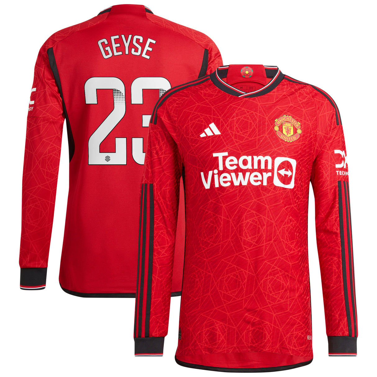 Manchester United WSL adidas Home Authentic Shirt 2023-24 - Long Sleeve - With Geyse 23 Printing - Kit Captain