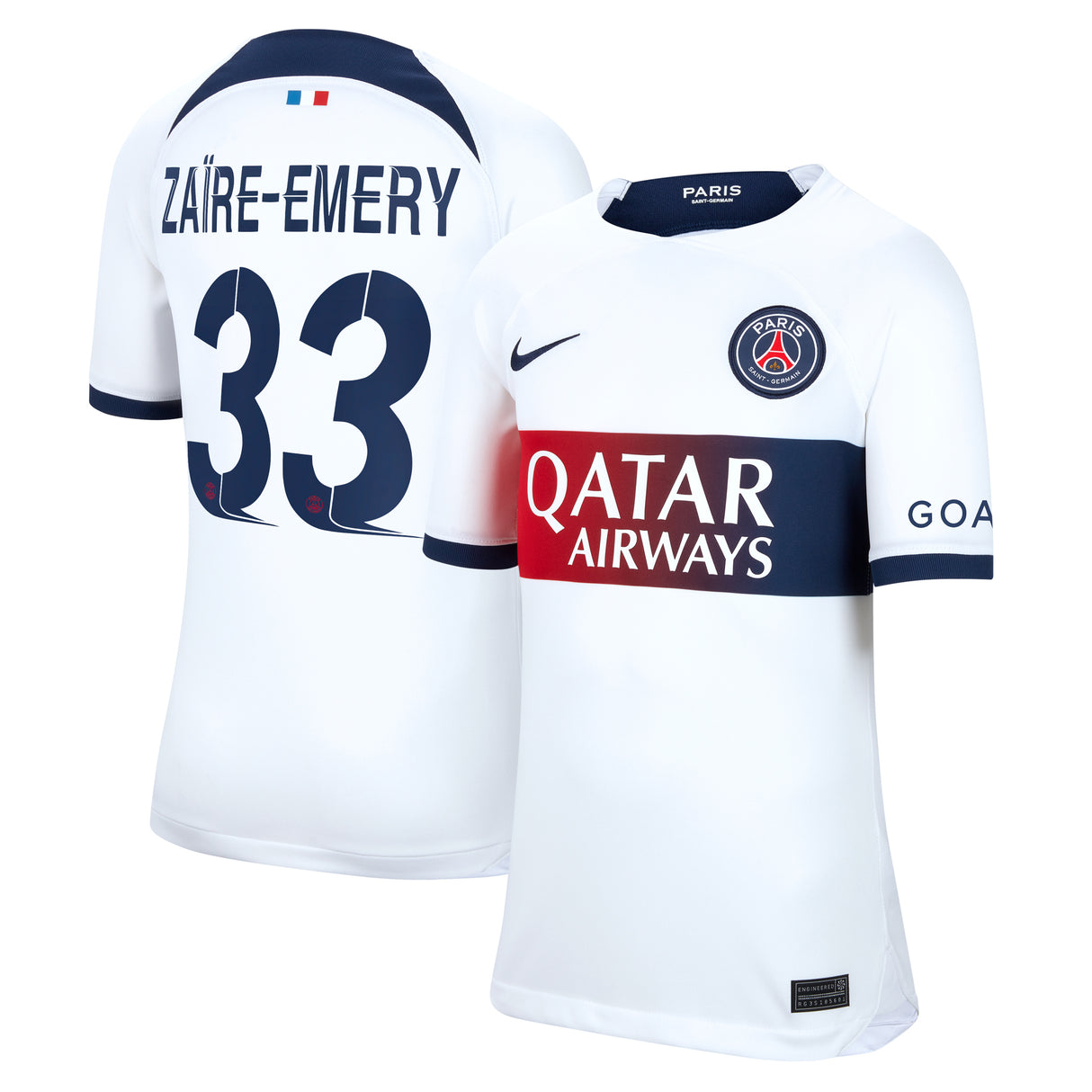 Paris Saint-Germain Nike Away Stadium Shirt 2023-24 - Kids with Champions League printing ZaÃ¯re-Emery 33 - Kit Captain