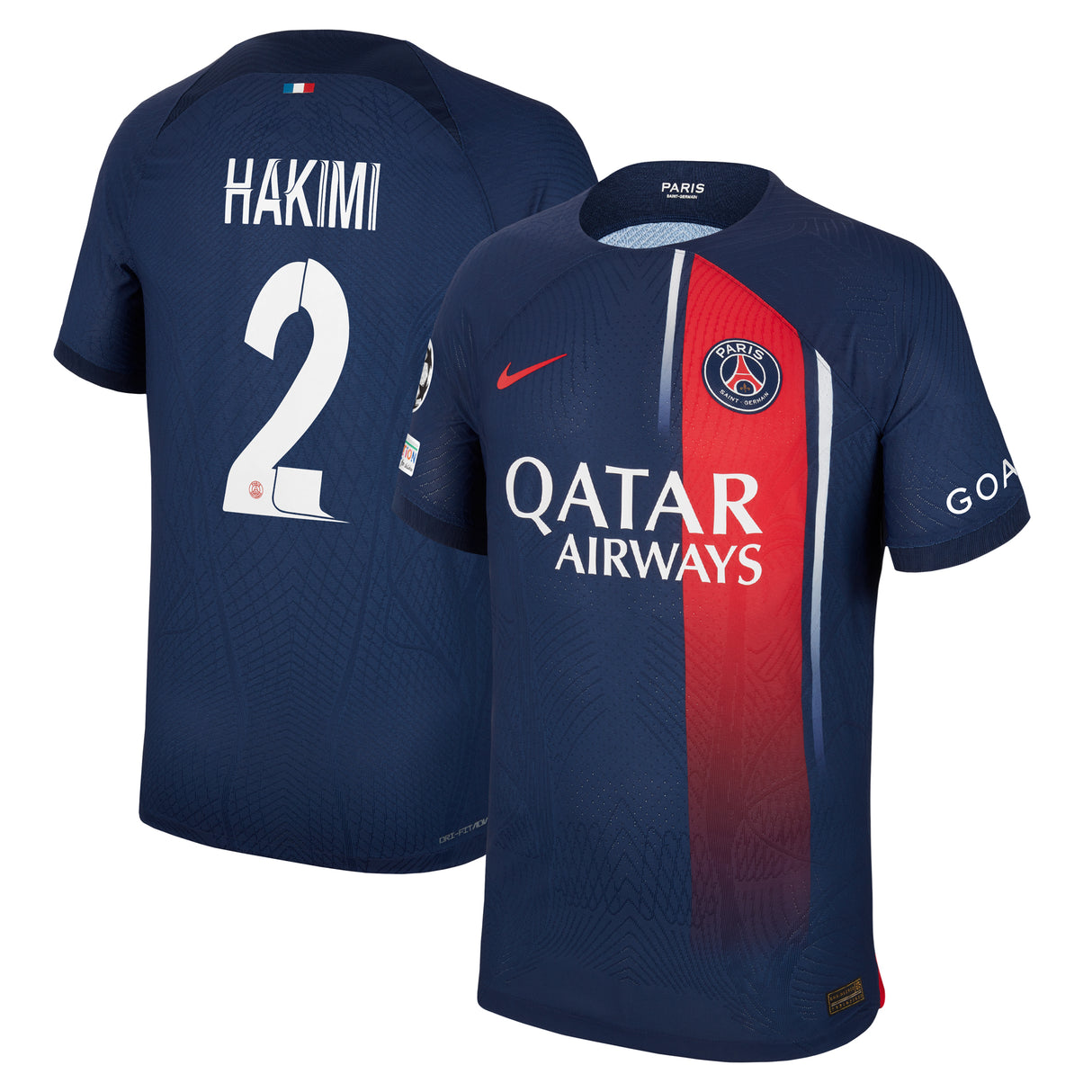 PSG Nike Home Dri-FIT ADV Match Shirt 2023-24 with Hakimi 2 and Champions League printing and badges - Kit Captain