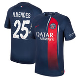 PSG Nike Home Stadium Shirt 2023-24 with N.Mendes 25 and Champions League printing and badges - Kit Captain