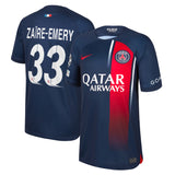 PSG Nike Home Stadium Shirt 2023-24 - Kids with ZaÃ¯re-Emery 33 and Champions League printing and badges - Kit Captain