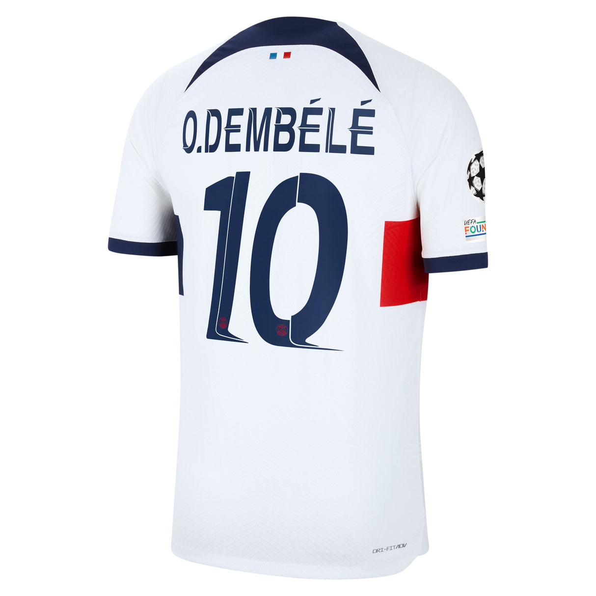 PSG Nike Away Dri-FIT ADV Match Shirt 2023-24 with O.Dembélé 10 and Champions League printing and badges - Kit Captain