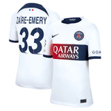 PSG Nike Away Stadium Shirt 2023-24 - Kids with ZaÃ¯re-Emery 33 and Champions League printing and badges - Kit Captain