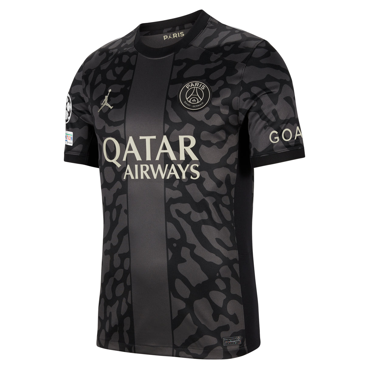 PSG x Jordan Third Stadium Shirt 2023-24 with Zaïre-Emery 33 and Champions League printing and badges - Kit Captain