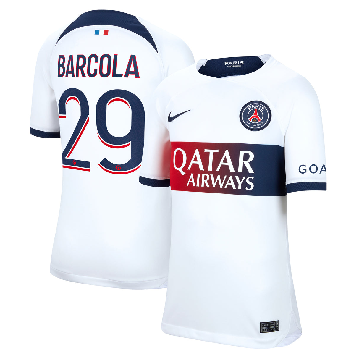 Paris Saint-Germain Nike Away Stadium Shirt 2023-24 - Kids with Barcola 29 printing - Kit Captain