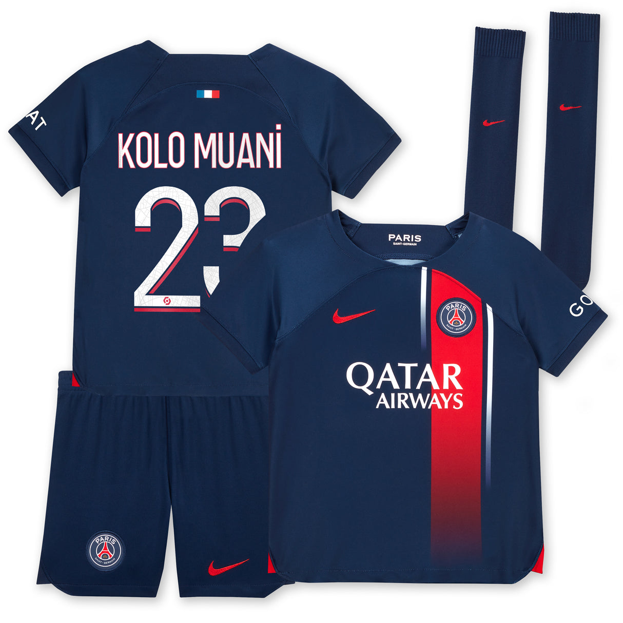 Paris Saint-Germain Nike Home Stadium Kit 2023-24 - Little Kids with Kolo Muani 23 printing - Kit Captain