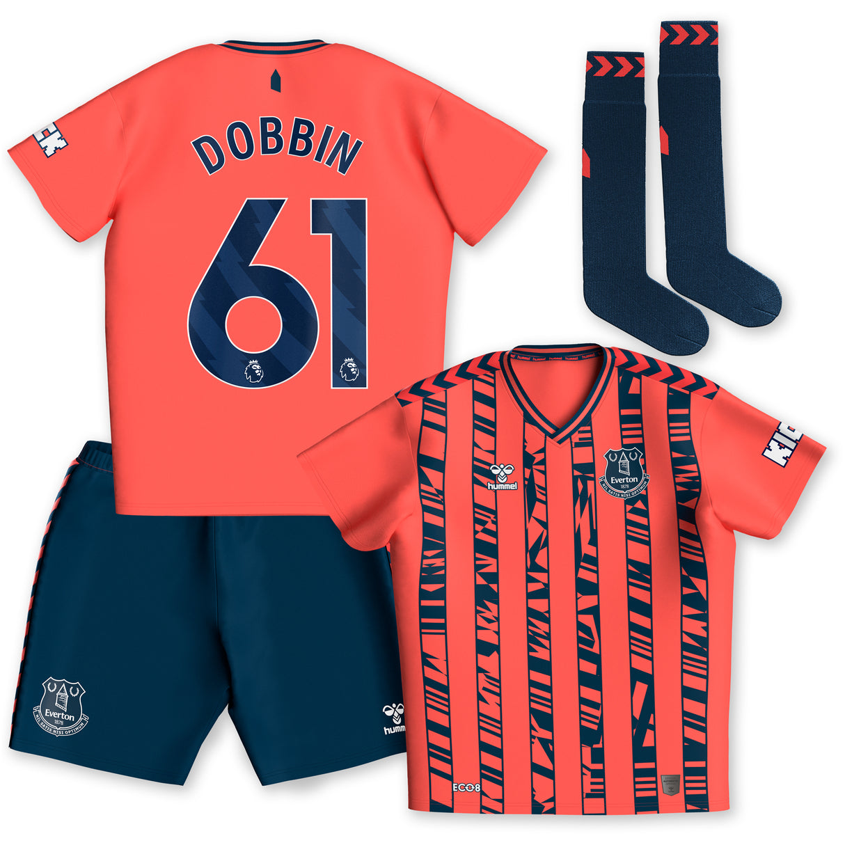 Everton Hummel Away Infant Kit 2023-24 with Dobbin 61 printing - Kit Captain