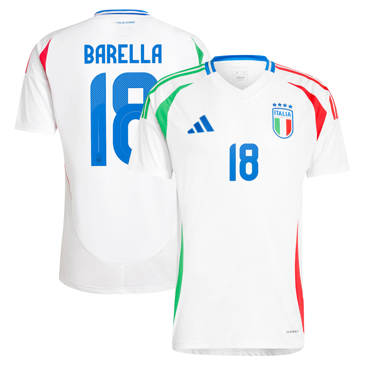 Italy adidas Away Shirt 2024 with Barella 18 printing